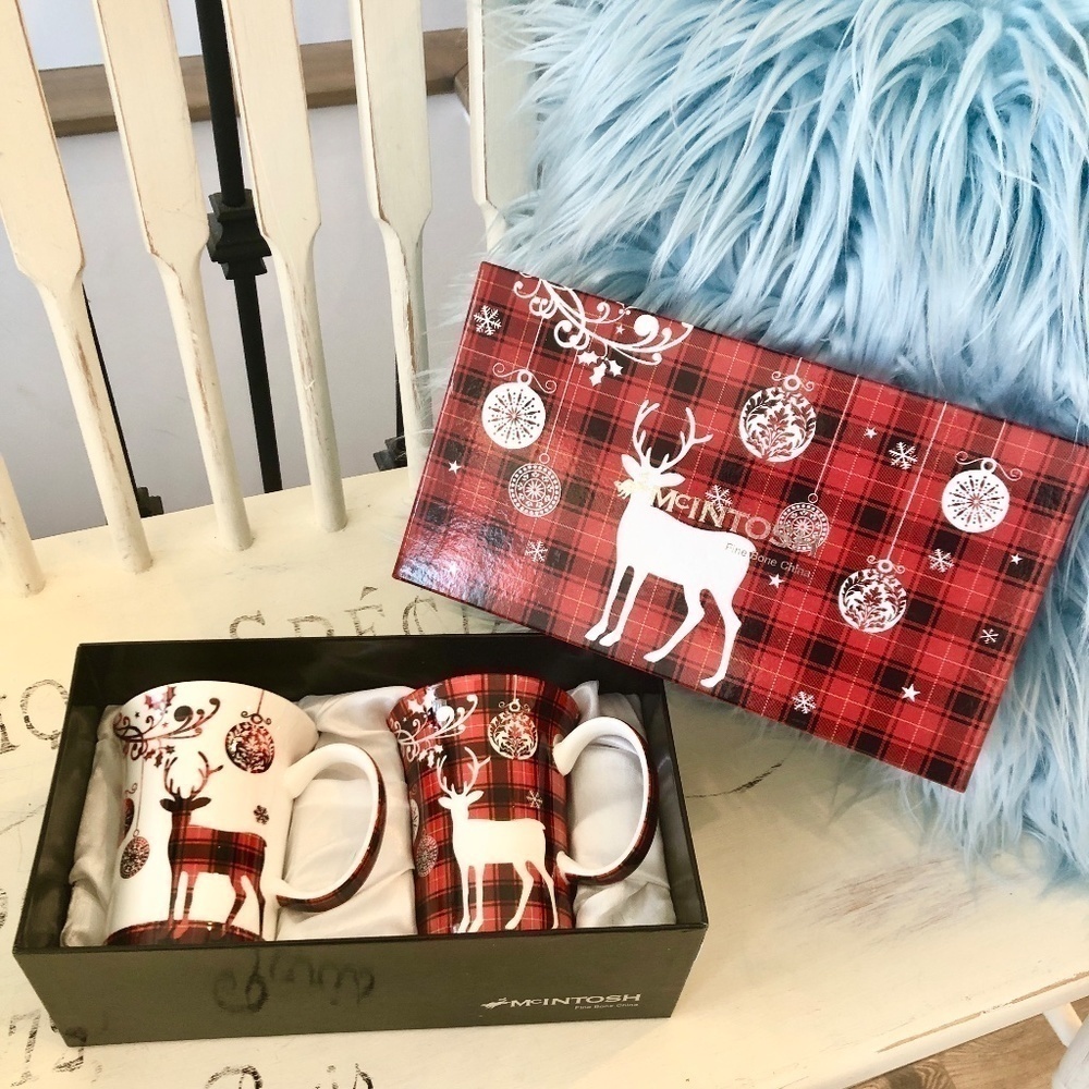 McIntosh, Fine Bone China, Coffee Mugs, Holiday Reindeer, Set‎ of 2, Never Used